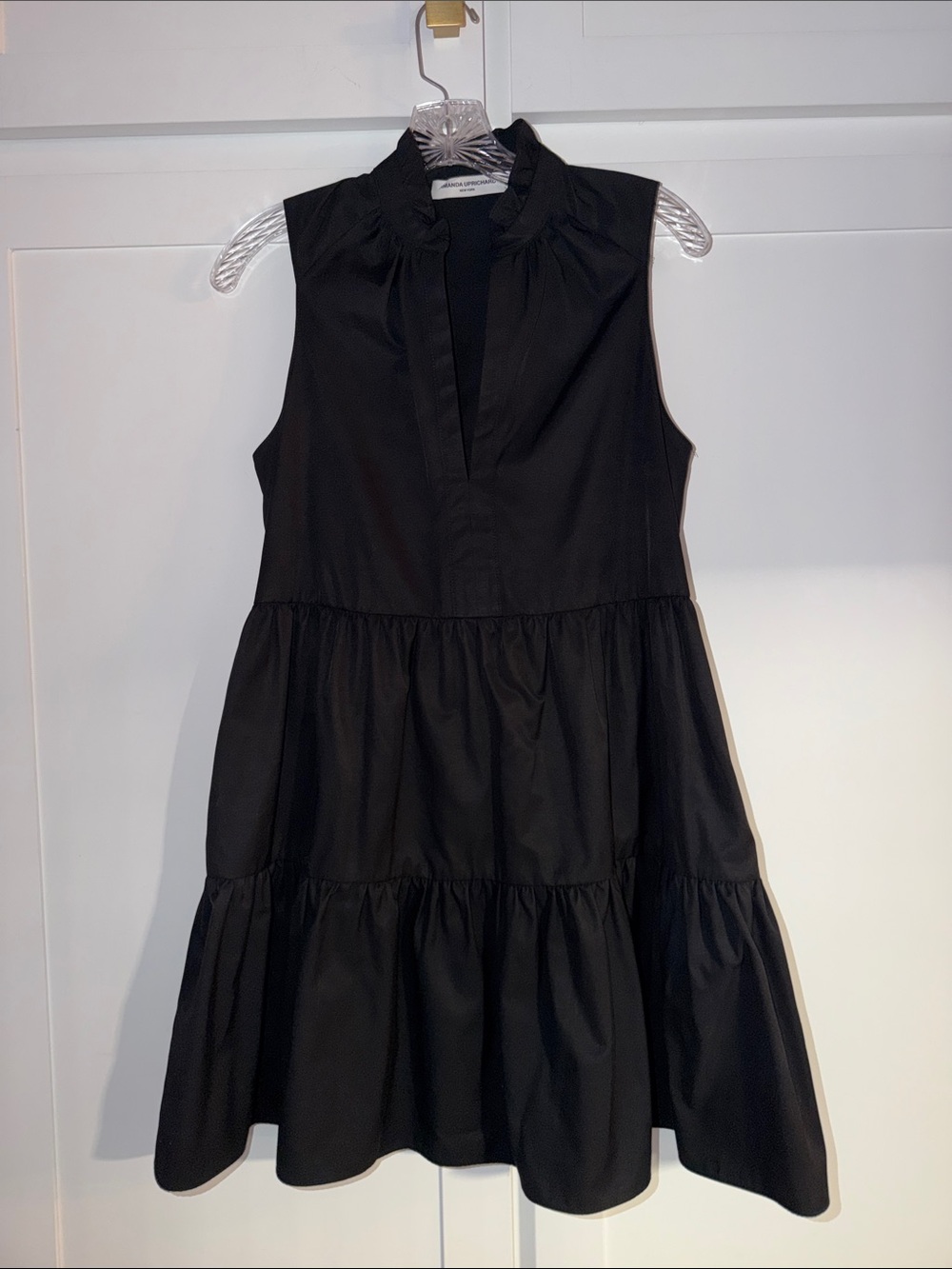 Amanda Uprichard Black Sleeveless Tiered Mock-Neck Dress w/pockets